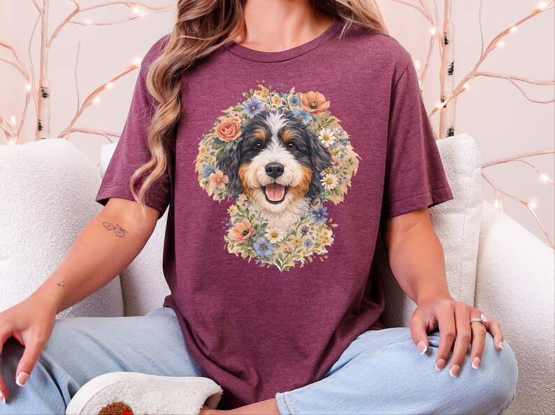 Bernedoodle Tee, Floral Crown Dog Portrait, Custom Pet Art Shirt, Doodle Mama Shirt, Whimsical Animal Print, Pastel Spring Summer Dog Lovers image 7