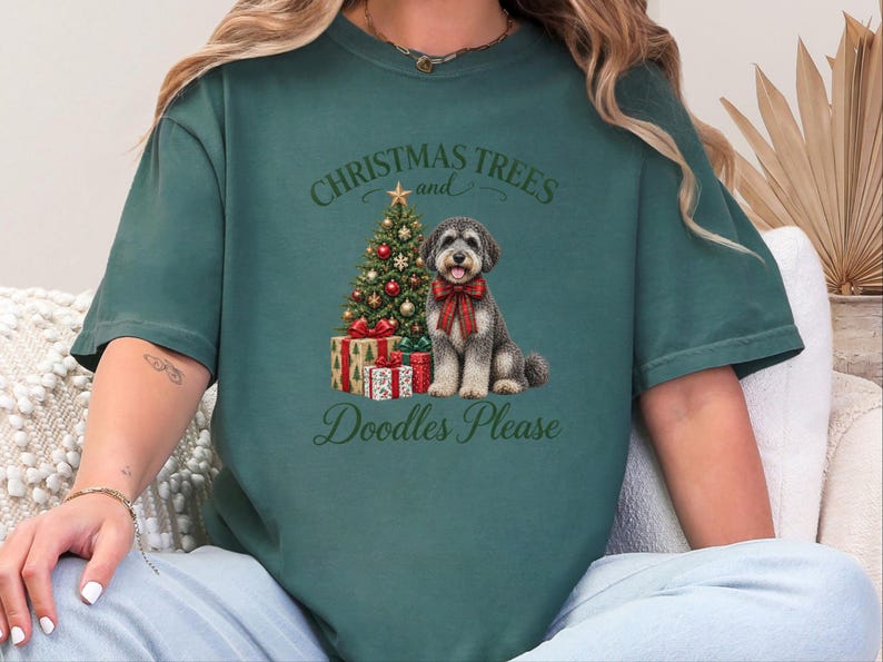 Schnoodle Christmas Shirt, Schnoodle Mom Gift, Christmas Trees and Doodles Please, Holiday Dog Lover Tee, Winter Pet Shirt image 6