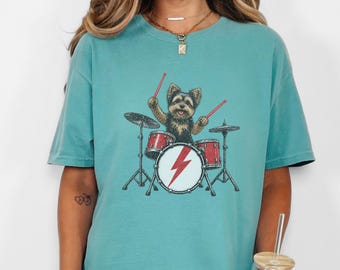 Yorkie Dog Shirt, Rock Dog Shirt, Drum Set Shirt, Yorkie Mom Gift, Drummer Gift Idea, Retro Music Shirt, Yorkie Dog Mom