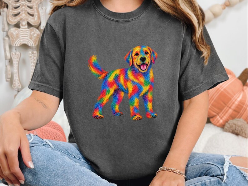 Colorful Dog Shirt, Dog Lover Gift, Golden Retriever Tee, Rainbow Pet Owner Present, Doodle Art Shirt image 5