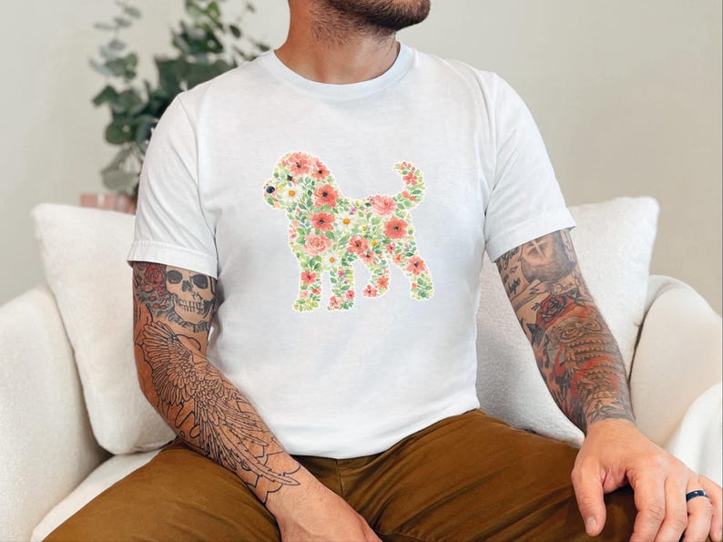 Cockapoo Silhouette Sweatshirt, Floral Dog Print Tee, Botanical Puppy Nursery Art, Cockapoo Floral Silhouette image 3