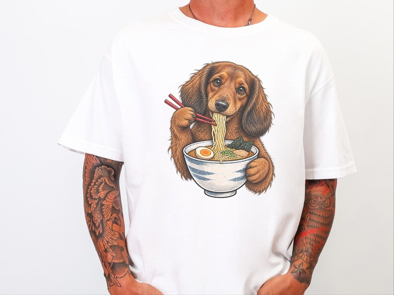 Dachshund Ramen Shirt, Wiener Dog Gift, Long Haired Doxie Tee, Japanese Food Art, Noodle Lover Shirt, Doxie Mom Gift image 10
