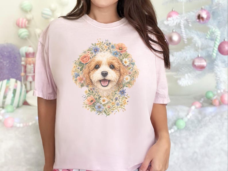 Camiseta Comfort Colors com estampa floral para cachorro, estampa de rosto de Cavapoo | Retrato moderno de pet para mães de cachorro | Arte vintage de animais, presente para donos, camiseta com estampa de rosto de pet imagem 12