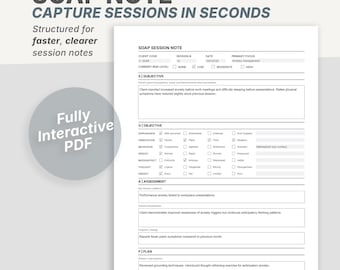 SOAP Session Note Template | Therapy Documentation PDF | Mental Health Progress Notes | Fillable & Printable Clinical Form