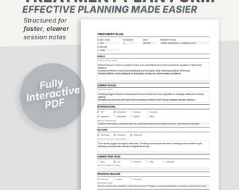 Sjabloon behandelplan | Invulbare pdf-therapieplan | Documentatieformulier geestelijke gezondheid | Digitaal en afdrukbaar
