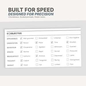 Op de afbeelding: Een klinisch beoordelingsformulier met de kop BUILT FOR SPEED DESIGNED FOR PRECISION. Het document bevat een sectie OBJECTIVE met rijen voor uiterlijk, ori&euml;ntatie, gedrag, spraak, stemming, denken en inzicht, voorzien van selectievakjes.