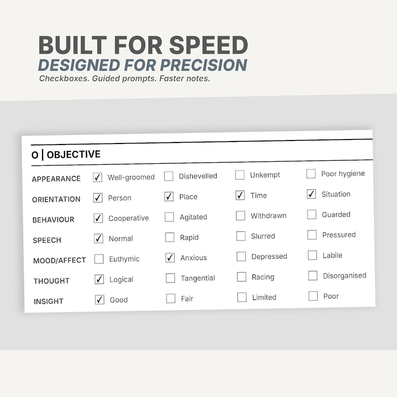 Op de afbeelding: Een klinisch beoordelingsformulier met de kop BUILT FOR SPEED DESIGNED FOR PRECISION. Het document bevat een sectie OBJECTIVE met rijen voor uiterlijk, ori&euml;ntatie, gedrag, spraak, stemming, denken en inzicht, voorzien van selectievakjes.