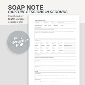 Può includere: Un modulo di sessione SOAP NOTE bianco con il testo "CAPTURE SESSIONS IN SECONDS" e "Structured for faster, clearer session notes." Il modulo include sezioni per dettagli soggettivi, oggettivi, di valutazione e di piano. È presente anche una grafica "Fully Interactive PDF".