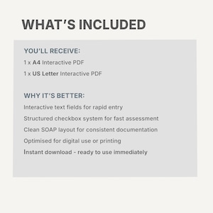 Op de afbeelding: Een digitale document-infographic met donkergrijze tekst op een lichtgrijze achtergrond. Het bevat: 1 x A4 interactieve PDF, 1 x US Letter interactieve PDF, en kenmerken: interactieve tekstvelden, selectievakjes en een SOAP-indeling.
