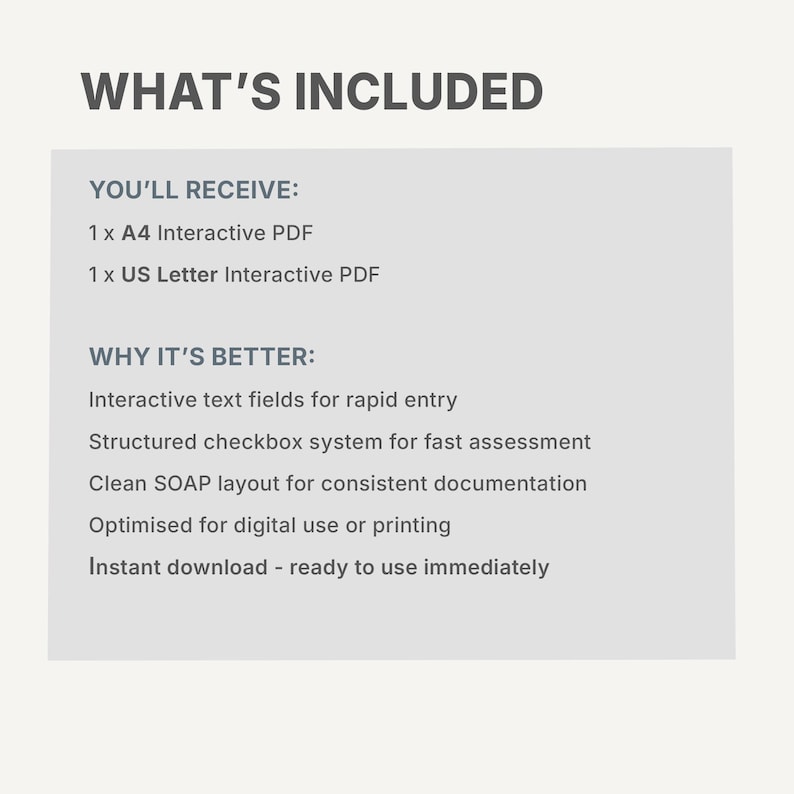 Op de afbeelding: Een digitale document-infographic met donkergrijze tekst op een lichtgrijze achtergrond. Het bevat: 1 x A4 interactieve PDF, 1 x US Letter interactieve PDF, en kenmerken: interactieve tekstvelden, selectievakjes en een SOAP-indeling.