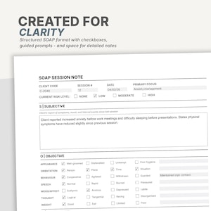 Op de afbeelding: Een wit SOAP-sessienotitie-sjabloon met zwarte tekst en selectievakjes. Het document bevat secties voor klantcode, sessienummer, datum, primaire focus, risiconiveau, subjectieve notities en een objectieve checklist voor klinische beoordeling.