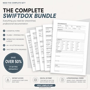 Op de afbeelding: Een digitaal pakket met zes professionele SOAP-sessienotitieformulieren, waaronder intake, behandelplan, risicobeoordeling, voortgangsverslag en mentale status. Deze invulbare en printbare PDF-sjablonen bevatten interactieve selectievakjes en velden, beschikbaar in A4- en US Letter-formaten voor gestroomlijnde documentatie.