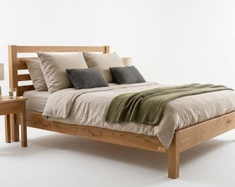 Estrutura de cama de plataforma em carvalho maciço | Cama de casal minimalista estilo casa de campo escandinava