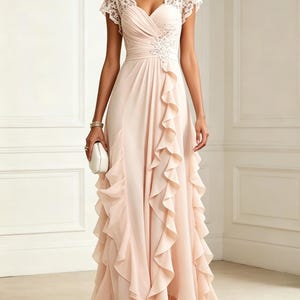 chiffon night dress Long Formal Ruffle Sleeve Chiffon Evening Dress