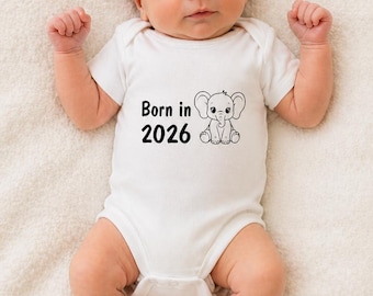 Baby Romper “Born in 2026” | Newborn Outfit | Kraamcadeau | Unisex Baby Kleding | Olifant Print