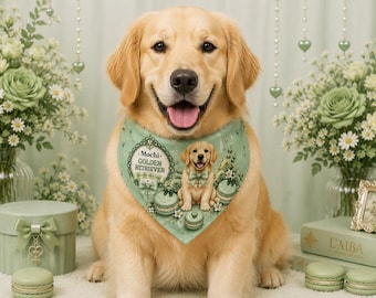 Mochi Golden Retriever Macaron Pet Bandana Collar | Mint Green Floral Dog Scarf | Cute Puppy Bandana Gift for Golden Lovers