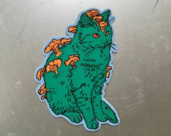 May include: A green cat with orange mushrooms growing on its head and body. The cat has red eyes and a light blue background.