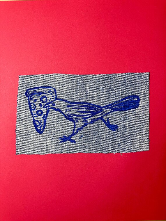 Pizza Bird Lino Printed Denim Patch