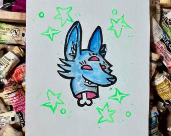Bonehead Watercolored Lino Mini Print
