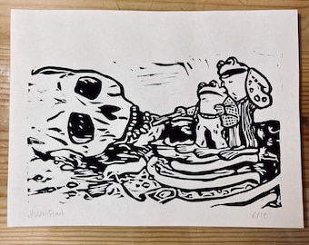 Frog and Toad Find Human Remains Black and White Lino Print
