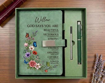 Gepersonaliseerde christelijk dagboek cadeauset voor vrouwen, aangepast bijbelvers notitieboekje met naam, leren gebedsdagboek met magnetische sluiting