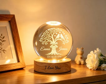 Custom Anniversary Crystal Ball Wooden Base Tree of Love, Golden Wedding Gifts, 10th 15th 20th 30th 40th 50th Wedding Anniversary Gifts