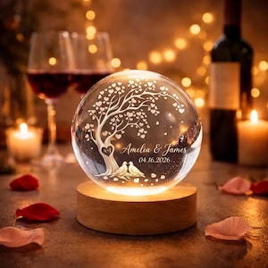 Personalized Couple Crystal Globe Everlasting Love Tree Heart Lamp, Custom Engagement Gift for Bride and Groom, Wedding Anniversary Gift image 1