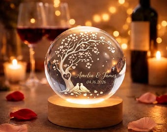 Gepersonaliseerde paar kristallen bol eeuwige liefde boom hart lamp, aangepast verlovingscadeau voor bruid en bruidegom, huwelijksverjaardag cadeau