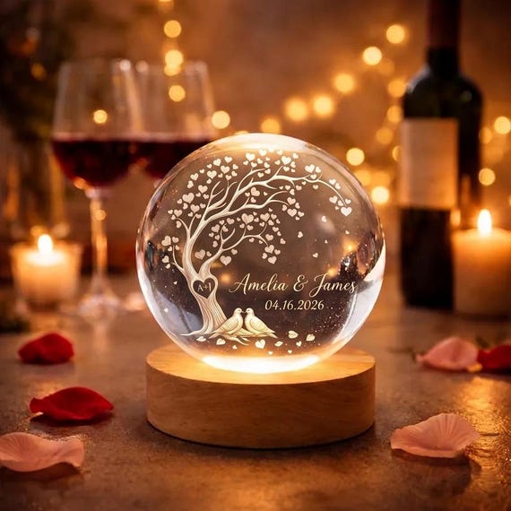 Personalized Couple Crystal Globe Everlasting Love Tree Heart Lamp, Custom Engagement Gift for Bride and Groom, Wedding Anniversary Gift