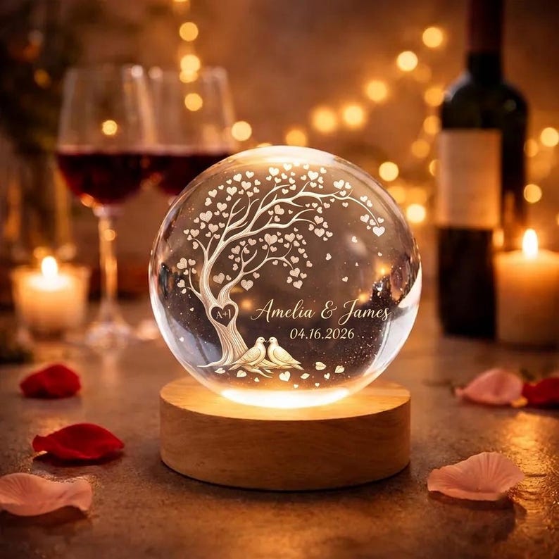 Personalized Couple Crystal Globe Everlasting Love Tree Heart Lamp, Custom Engagement Gift for Bride and Groom, Wedding Anniversary Gift image 1