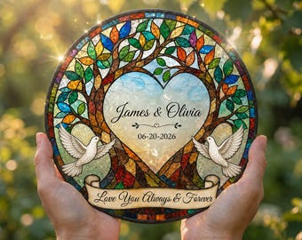 Gepersonaliseerde raamhanger met levensboommotief voor stellen, verliefd stel, glas-in-lood raamdecoratie, jubileum huwelijksgeschenk, romantisch aandenken