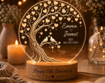 Personalized 5th 10th 15th 25th 50th Anniversary Gift, Romantic LED Lamp Love Tree Love Birds Night Light, Couple Gift, Wedding Keepsake