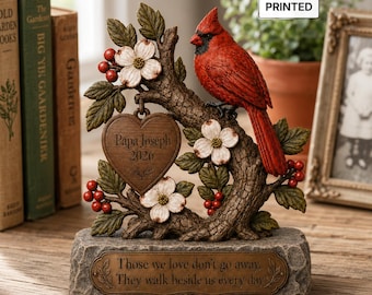 Gepersonaliseerd gedenkblok van een kardinaal, 2D plat houten blok, gedenkteken, 'Degenen die we liefhebben gaan niet weg', rouwgeschenk, decoratie ter nagedachtenis