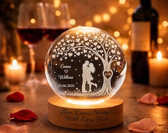 Gepersonaliseerde paar kristallen bol eeuwige liefde boom hart lamp, aangepast verlovingscadeau voor bruid en bruidegom, huwelijksverjaardag cadeau
