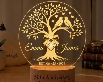 Aangepaste lamp 50e verjaardag houten basis boom van liefde, gouden huwelijkscadeaus, cadeaus 50 jaar jubileum, cadeaus 50e huwelijksverjaardag