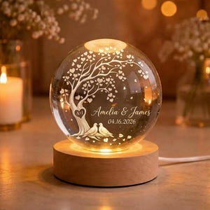 Personalized Couple Crystal Globe Everlasting Love Tree Heart Lamp, Custom Engagement Gift for Bride and Groom, Wedding Anniversary Gift image 3