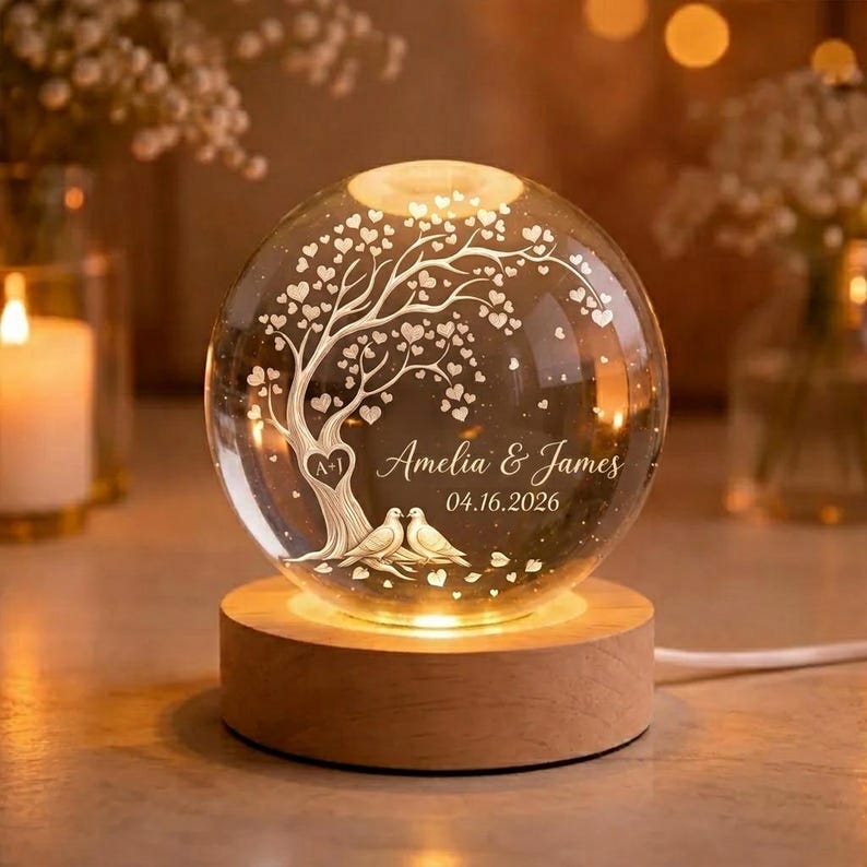 Personalized Couple Crystal Globe Everlasting Love Tree Heart Lamp, Custom Engagement Gift for Bride and Groom, Wedding Anniversary Gift image 3