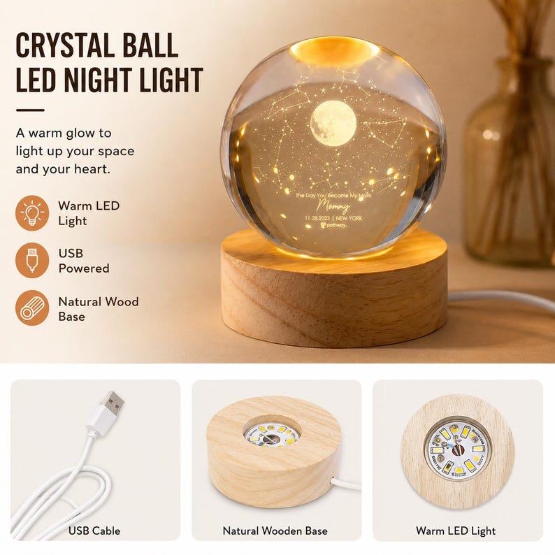 May include: A clear crystal ball night light featuring an internal moon and constellation engraving, resting on a circular natural wood base with a warm LED light. The text reads CRYSTAL BALL LED NIGHT LIGHT, The Day You Became My Mom, Mommy, 11.28.2023, NEW YORK.