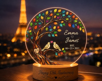 Gepersonaliseerd cadeau voor het 5e, 10e, 15e, 25e of 50e jubileum: romantische LED-lamp met liefdesboom en vogeltjes, nachtlampje, cadeau voor een stel, huwelijksherinnering.