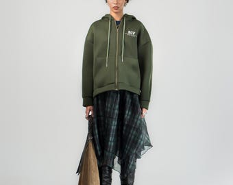 Felpa con cappuccio verde oliva e zip – Felpa streetwear minimalista di alta qualità, giacca unisex pesante, felpa urban fashion