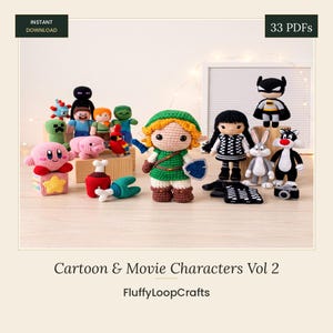 May include: A collection of 33 crochet amigurumi figures representing various cartoon and movie characters, including a green-clad hero with a shield, a pink round creature, a black-clad superhero, and a rabbit, labeled Cartoon & Movie Characters Vol 2.