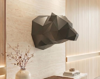 Decoración de pared con cabeza de oso negro, busto de animal geométrico de metal, escultura de pared de vida silvestre en 3D para cabaña, albergue y oficina.