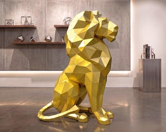3D Metal Lion Sculpture, Gold Geometric Animal Statue for Garden Decor, Luxury Outdoor Art Gift for Him