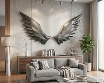 Large Metal Angel Wings Wall Decor, Black Geometric Wing Sculpture, Statement Wall Art for Living Room and Modern Home