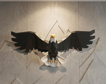 Escultura de pared de metal con forma de águila calva, gran arte mural geométrico en 3D con forma de águila, decoración patriótica con aves para la oficina y el hogar.