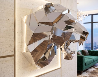 Escultura de pared con cabeza de león espejada, busto de león geométrico de metal cromado, decoración de pared de lujo para oficina y hogar.