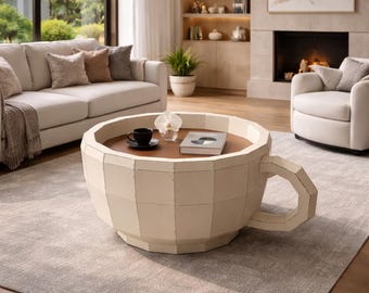 Mesa de centro con forma de taza de té, mesa de metal color crema con forma de taza, muebles originales para la sala de estar, decoración de mesa única y llamativa.