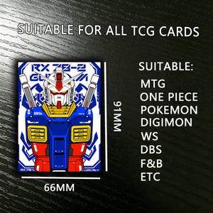 May include: A card sleeve featuring a colorful illustration of a robot with blue, red, yellow, and white accents. The sleeve is 66mm wide and 91mm tall, suitable for TCG cards like MTG, Pokemon, and Digimon.