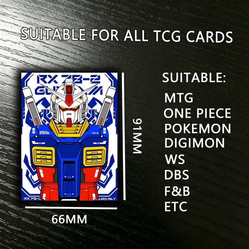 May include: A card sleeve featuring a colorful illustration of a robot with blue, red, yellow, and white accents. The sleeve is 66mm wide and 91mm tall, suitable for TCG cards like MTG, Pokemon, and Digimon.