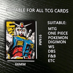 May include: A trading card sleeve featuring a colorful illustration of a robot. The sleeve is 66mm x 91mm and suitable for MTG, One Piece, Pokemon, Digimon, WS, DBS, F&B, and other TCG cards.
